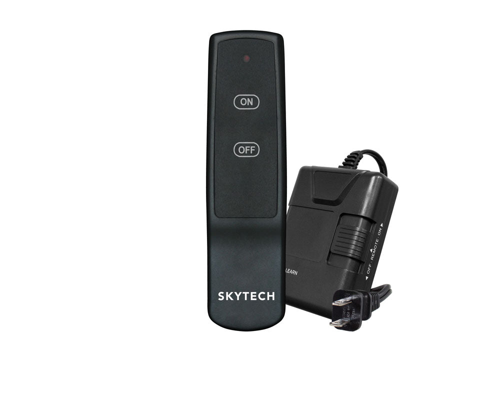 Fireplace remote control with receiver, dark SKYTECH remote showing ON and OFF buttons