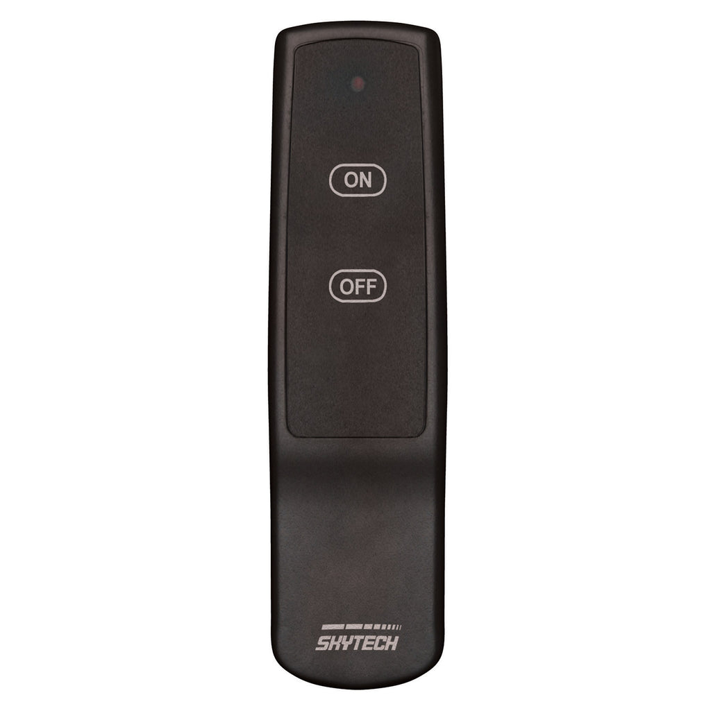 Skytech fireplace remote control with ON and OFF buttons, slim black design