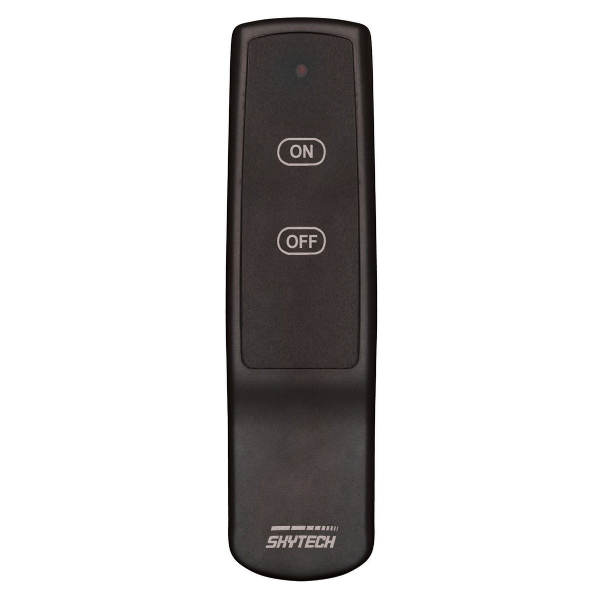 Skytech fireplace remote control with ON and OFF buttons, slim black design