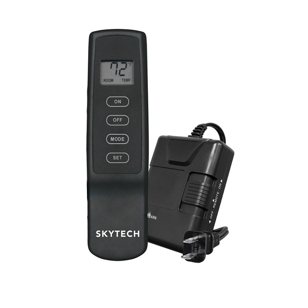 Black Skytech thermostat fireplace remote control with LCD display and buttons, plus receiver
