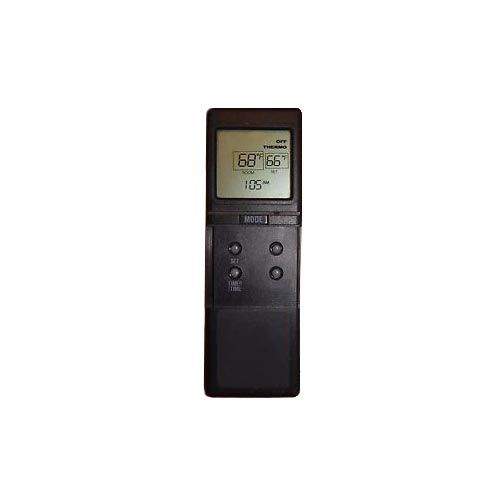 Fireplace remote control with LCD screen and button keypad, dark plastic