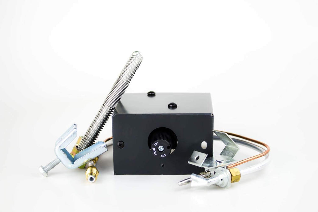 Manual gas valve kit with black control box, dial switch, and metal mounting fittings