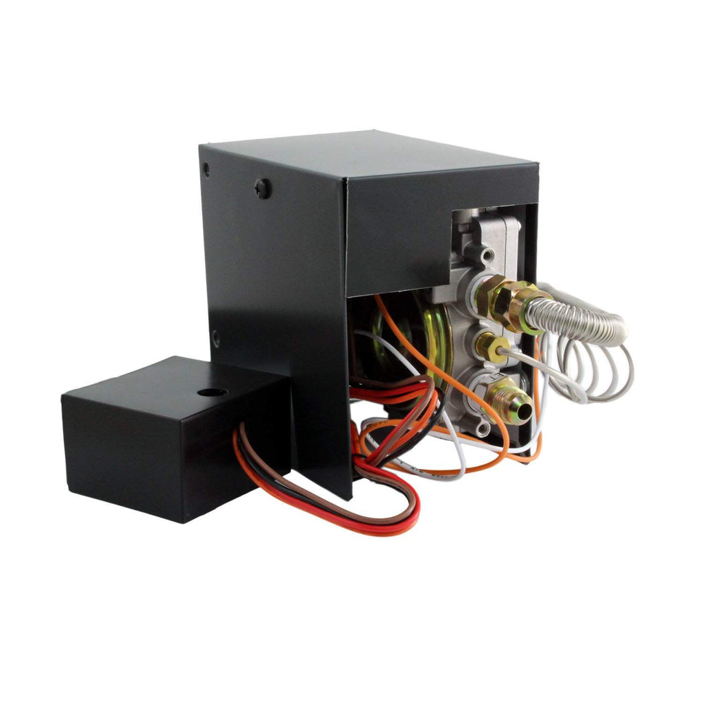 Manual gas valve pilot spark kit with black control box, wiring, and spark hardware