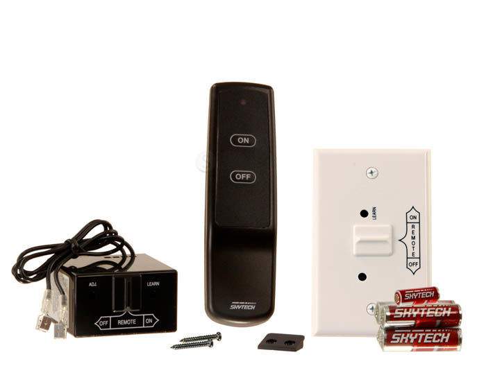 Fireplace remote kit with remote, receiver module, wall plate, screws, and battery pack