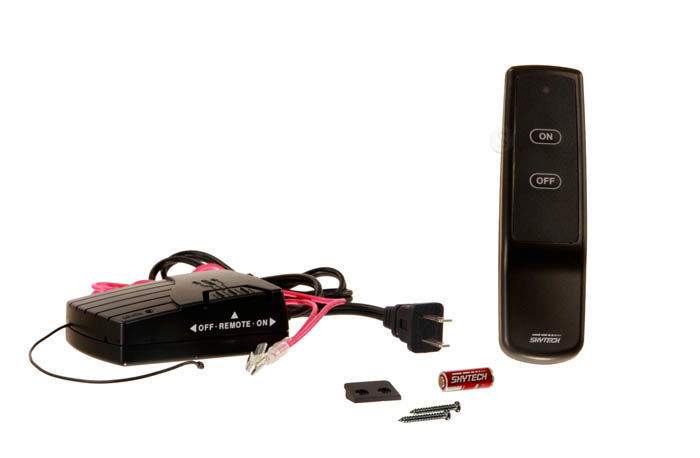 Fireplace remote control kit with SKYTECH remote, receiver, cables, and mounting pieces