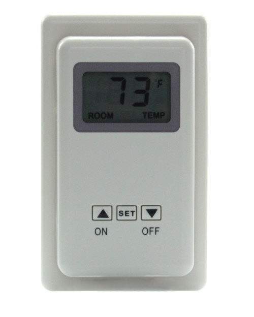 Wall thermostat control with digital display, Room/Temp readout, and ON/OFF buttons