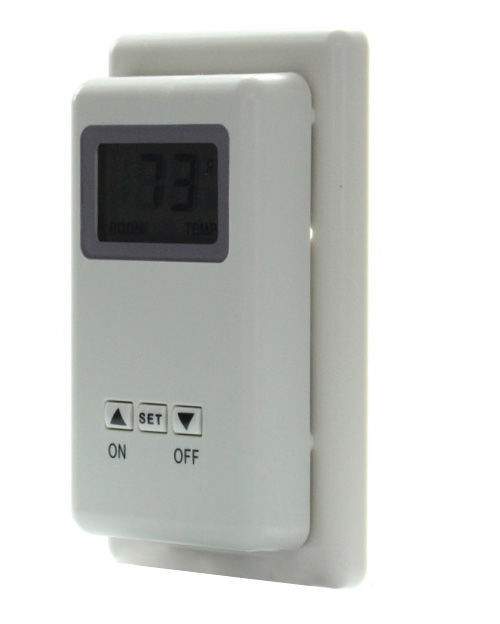 Wall thermostat control with digital display and ON/OFF buttons, side view