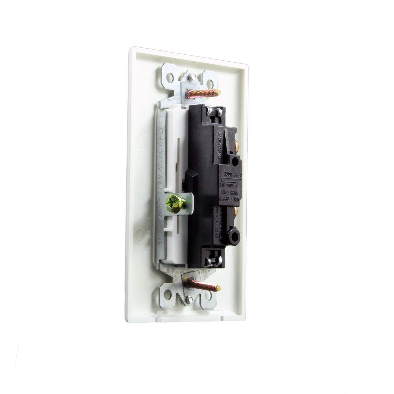 White wall switch open showing internal wiring terminals and mounting parts