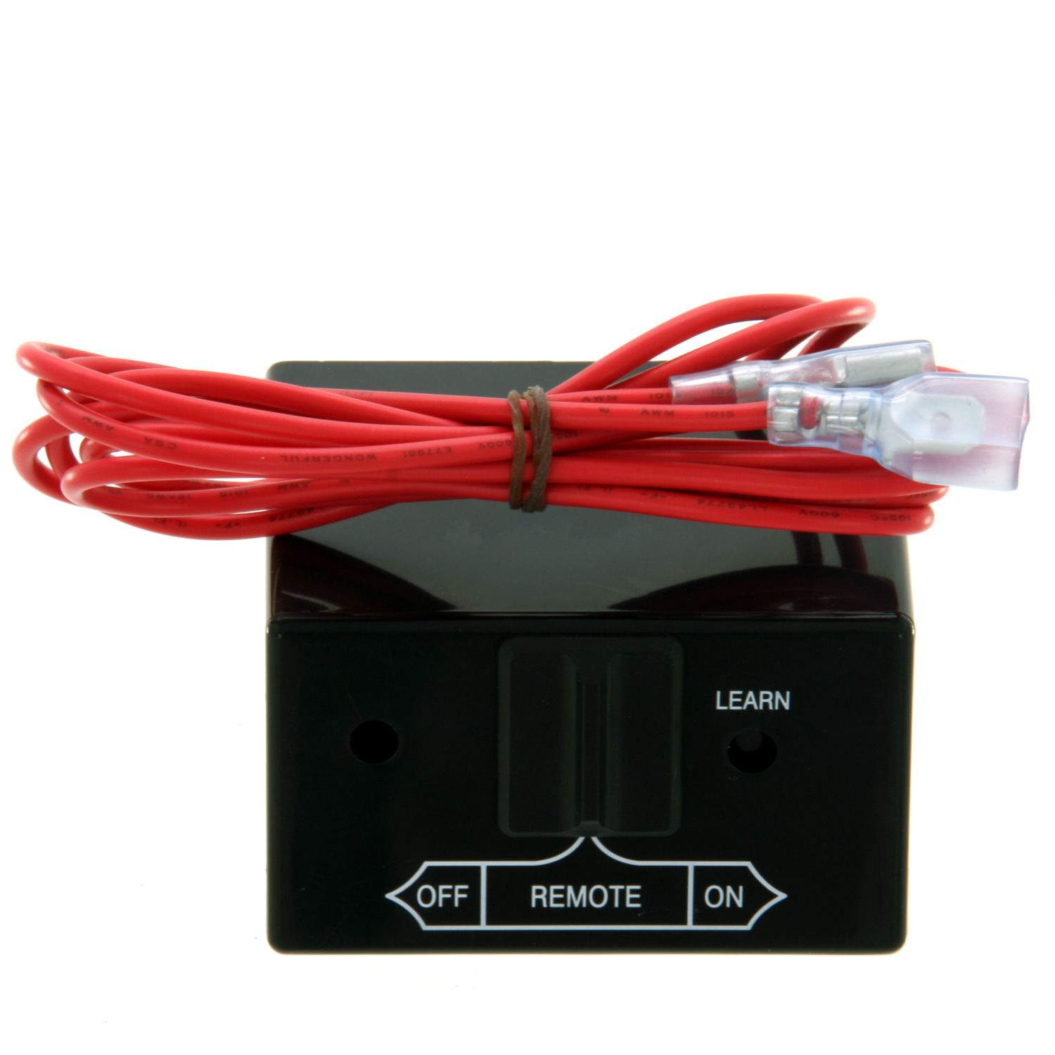 Black fireplace remote receiver box with red wire harness and OFF/REMOTE/ON controls