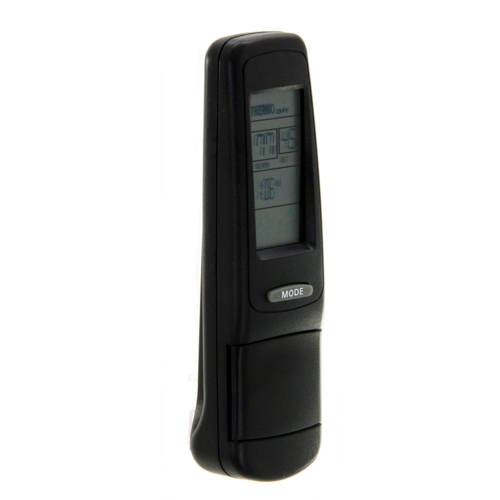 Black fireplace remote control, side profile with LCD window and MODE button